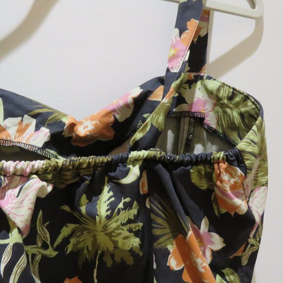 DR FAUST Marrama Palm Tree Exotic Flowers Black Retro Midi Swing Dress Rock Vtg - Picture 12 of 13